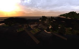 Minecraft Screenshot of Island Village at Sunset