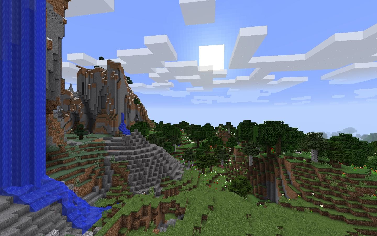 The huge flower forest biome and waterfall by the spawn point in this Minec...